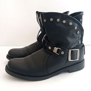 Buffalo London Blk Leather Moto Ankle Boot Studs Buckle Harness Strap EU 40 US 9